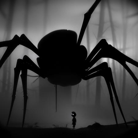 106721-3667374383-a kid is standing in a forest and looking at a giant spider next to him, _lora_LIMBO_STYLE_1_.png